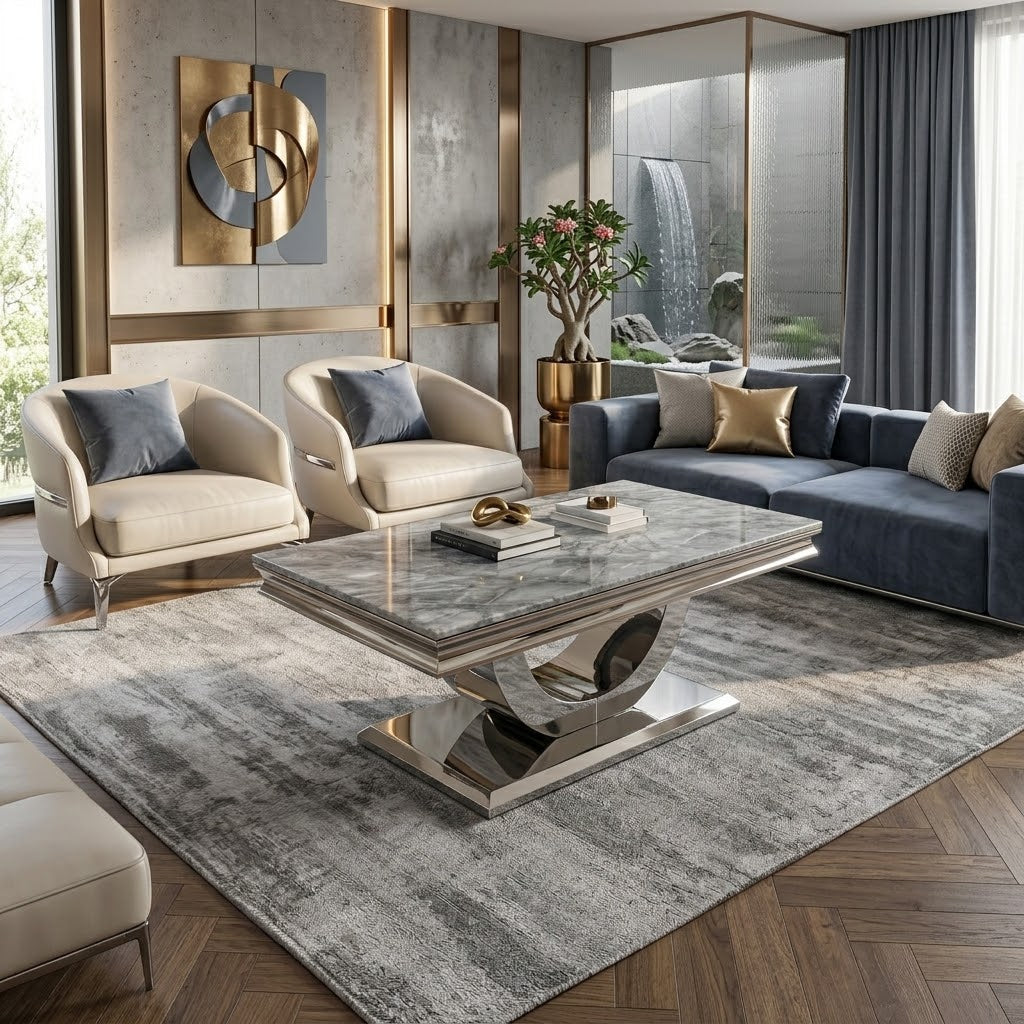 London Light Grey Marble Coffee Table- Modern Uk Living Room Table , Multiple Colours Available