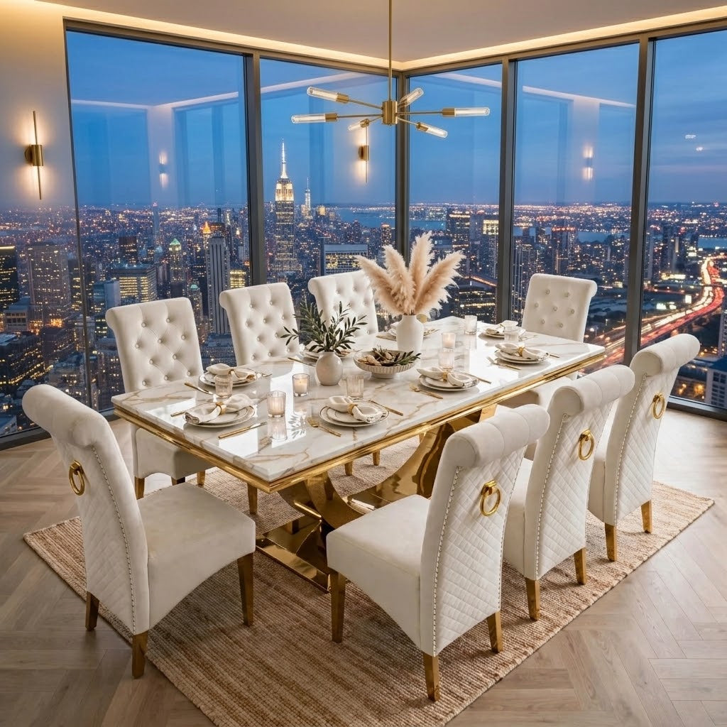 London White & Gold Marble Dining Table with Cream And Gold Lucy Velvet Dining Chairs