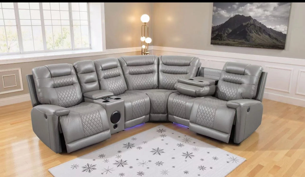 Halifax Electric Corner Recliner Sofa with Bluetooth Speakers, Wireless Charger, USB & LED Lights – Luxury Leather Corner Sofa