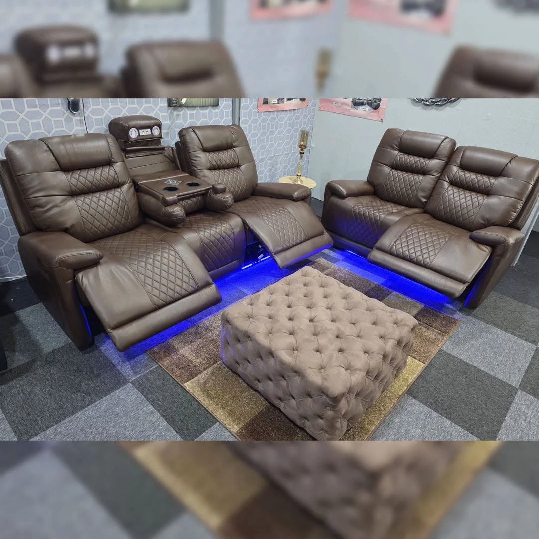 Halifax 3+2  Seater Grey Leather Electric Recliner Sofa with Cup Holders, LED Lights & Wireless Charger, USB Port