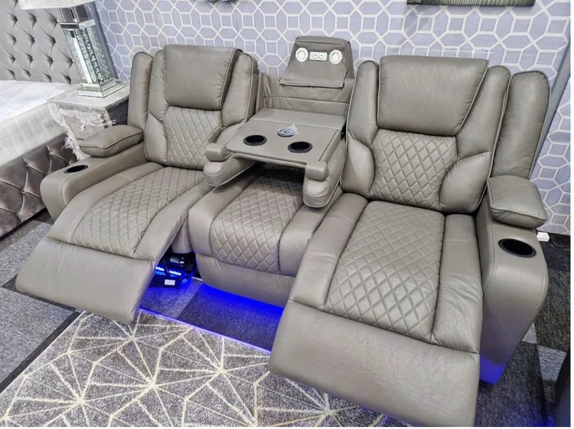 Roma 3 Seater Grey Leather Electric Recliner Sofa with Cup Holders, LED Lights & Wireless Charger, USB Port