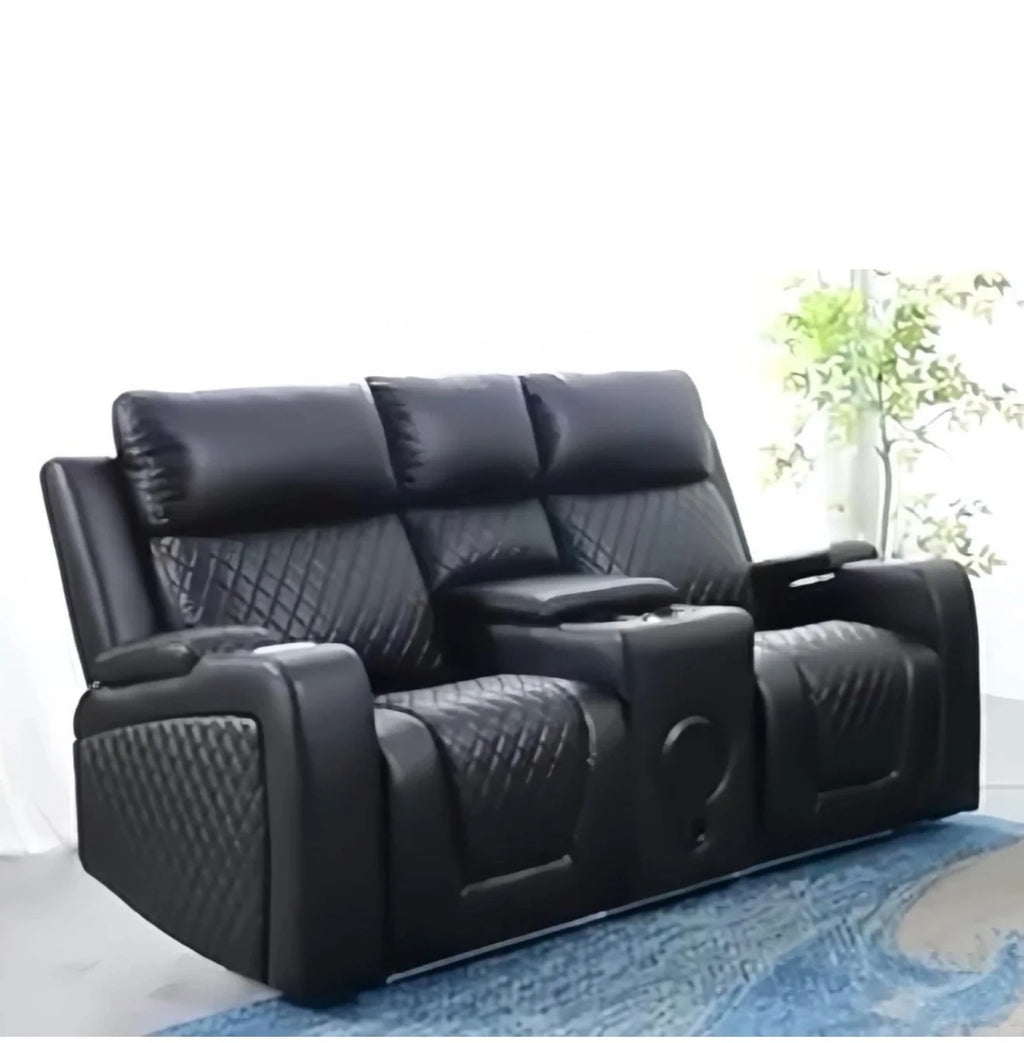 Florida 2 Seater Black Leather Electric Recliner Sofa with Cup Holders, Bluetooth music LED Lights & Wireless Charger, USB Port