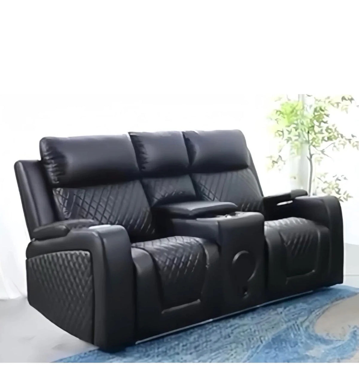 Florida 2 Seater Black Leather Electric Recliner Sofa with Cup Holders, Bluetooth music LED Lights & Wireless Charger, USB Port