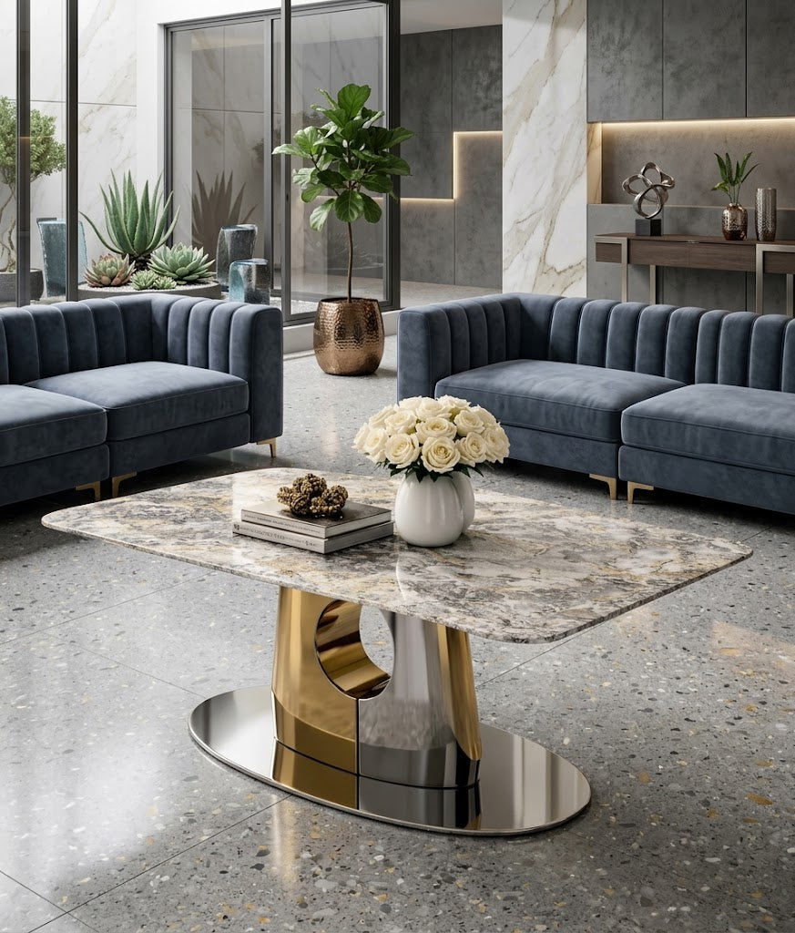 Lucy Luxury Rectangular Coffee Table, Sintered Stone Top, Gold & Silver Chrome Base