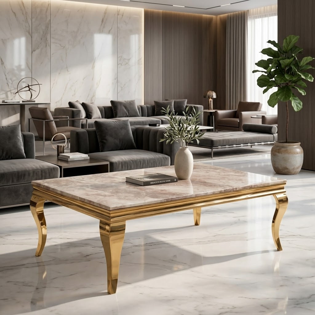 Louise Gold & Beige Marble Coffee Table – Modern UK Living Room Table