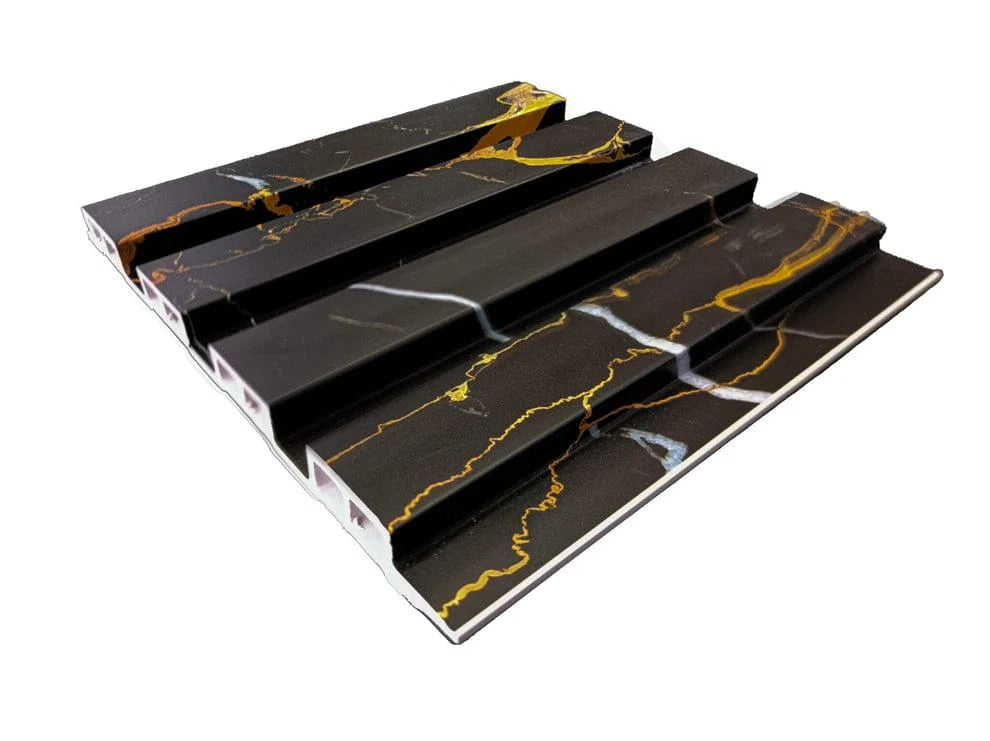 Black & Gold PVC Slatted Wall Panels – Waterproof Wood Effect Finish