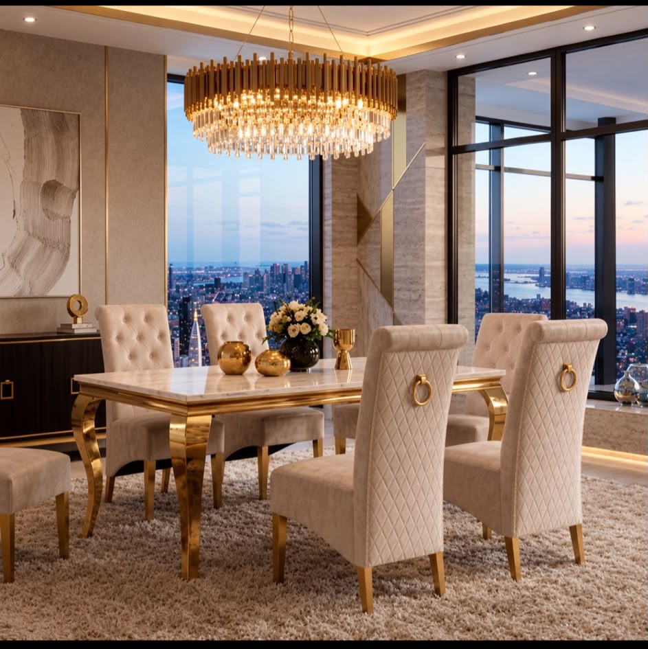 LOUIS CREAM GOLD MARBLE DINING WITH LUCY CREAM GOLD CHAIRS