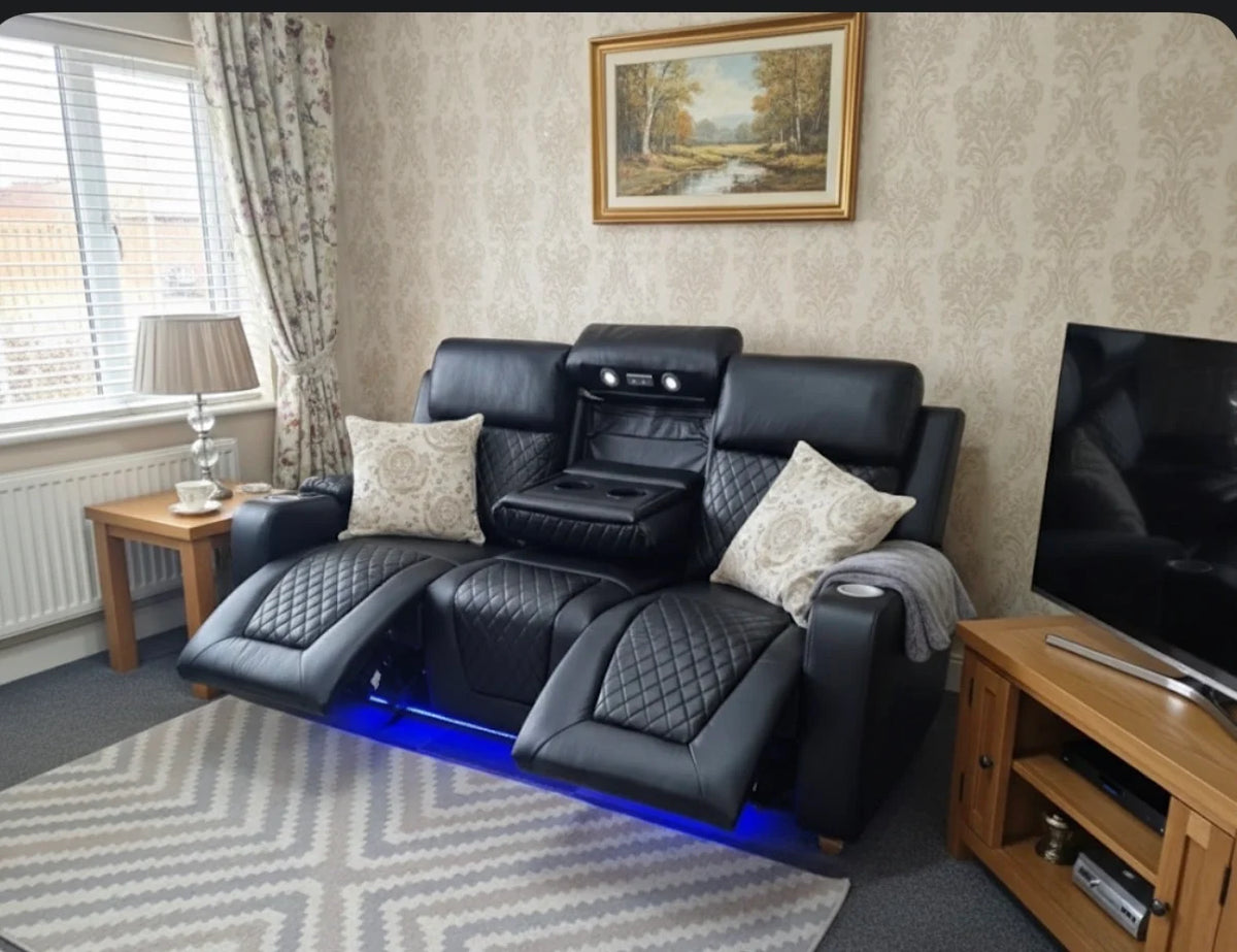 Florida 3 Seater Black Leather Electric Recliner Sofa with Cup Holders, LED Lights & Wireless Charger, USB Port