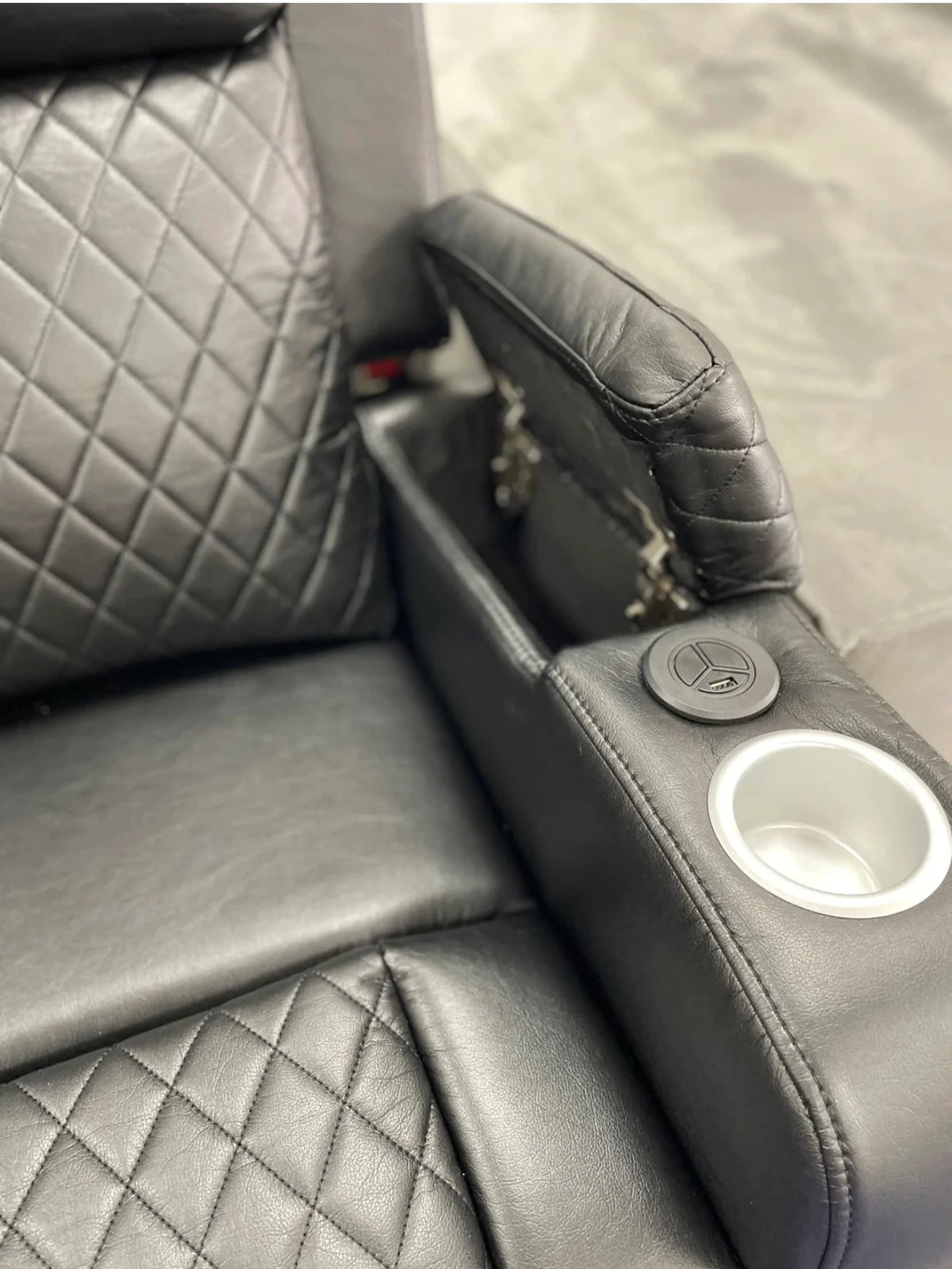 Florida 2 Seater Black Leather Electric Recliner Sofa with Cup Holders, Bluetooth music LED Lights & Wireless Charger, USB Port