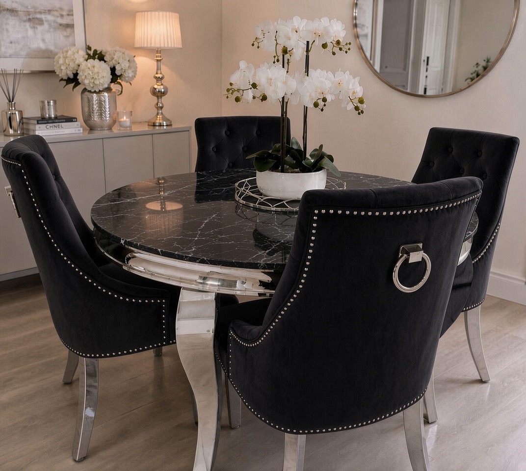 Louis 1.3 round marble table with Jessica ring knocker chairs in grey