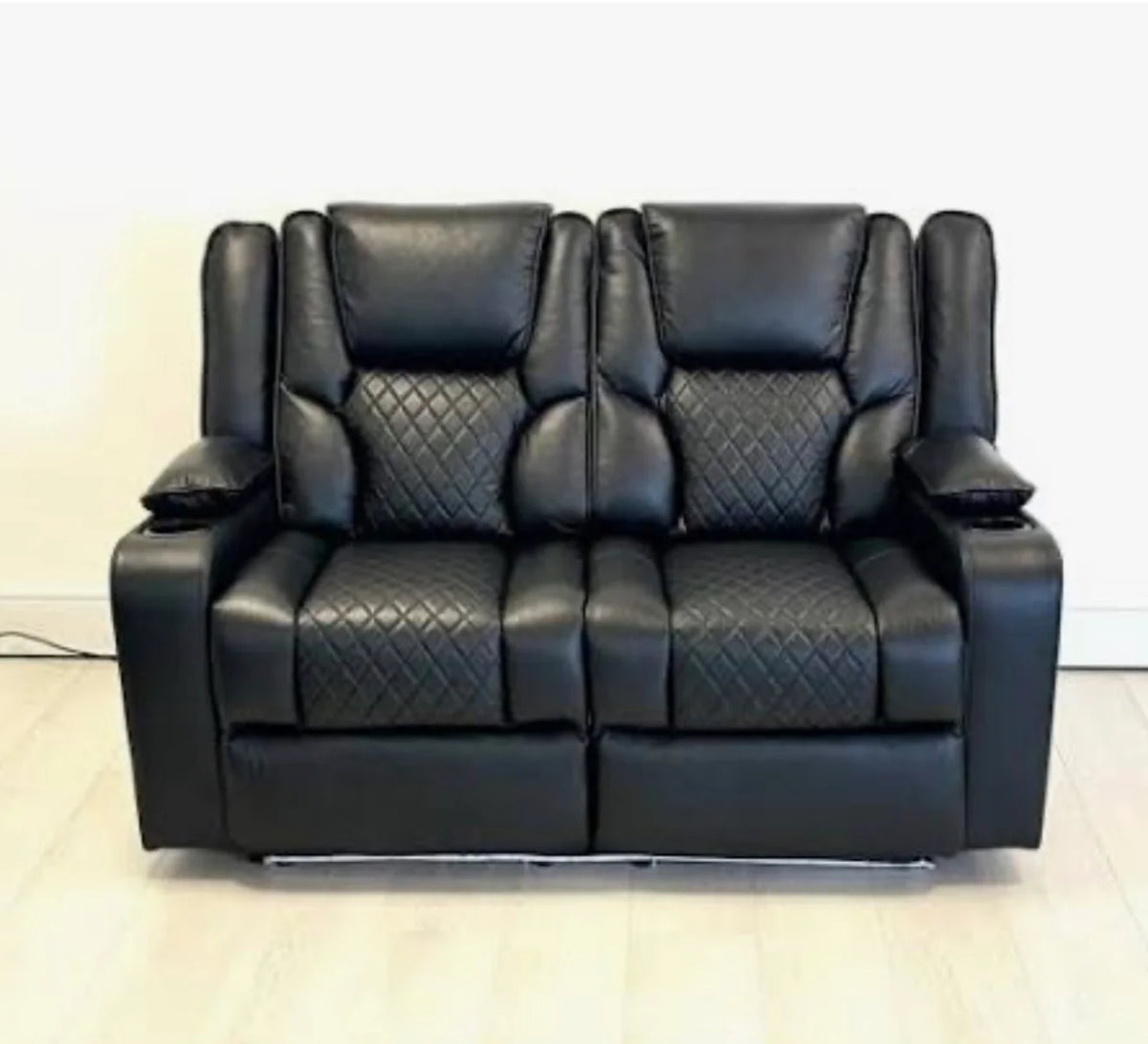 Roma 2 Seater Black Leather Electric Recliner Sofa with Cup Holders, LED Lights & Wireless Charger, USB Port