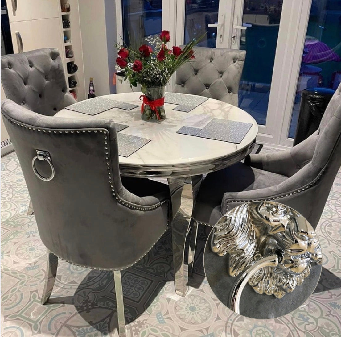 110cm Louis White And Grey Marble Table With 4 Cheshire Knocker Dining Chairs