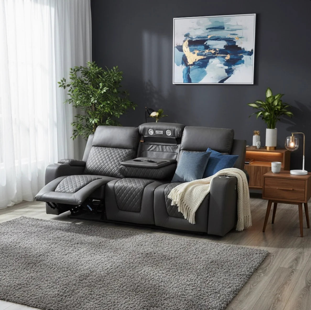 Florida 3 Seater Grey Leather Electric Recliner Sofa with Cup Holders, LED Lights & Wireless Charger, USB Port