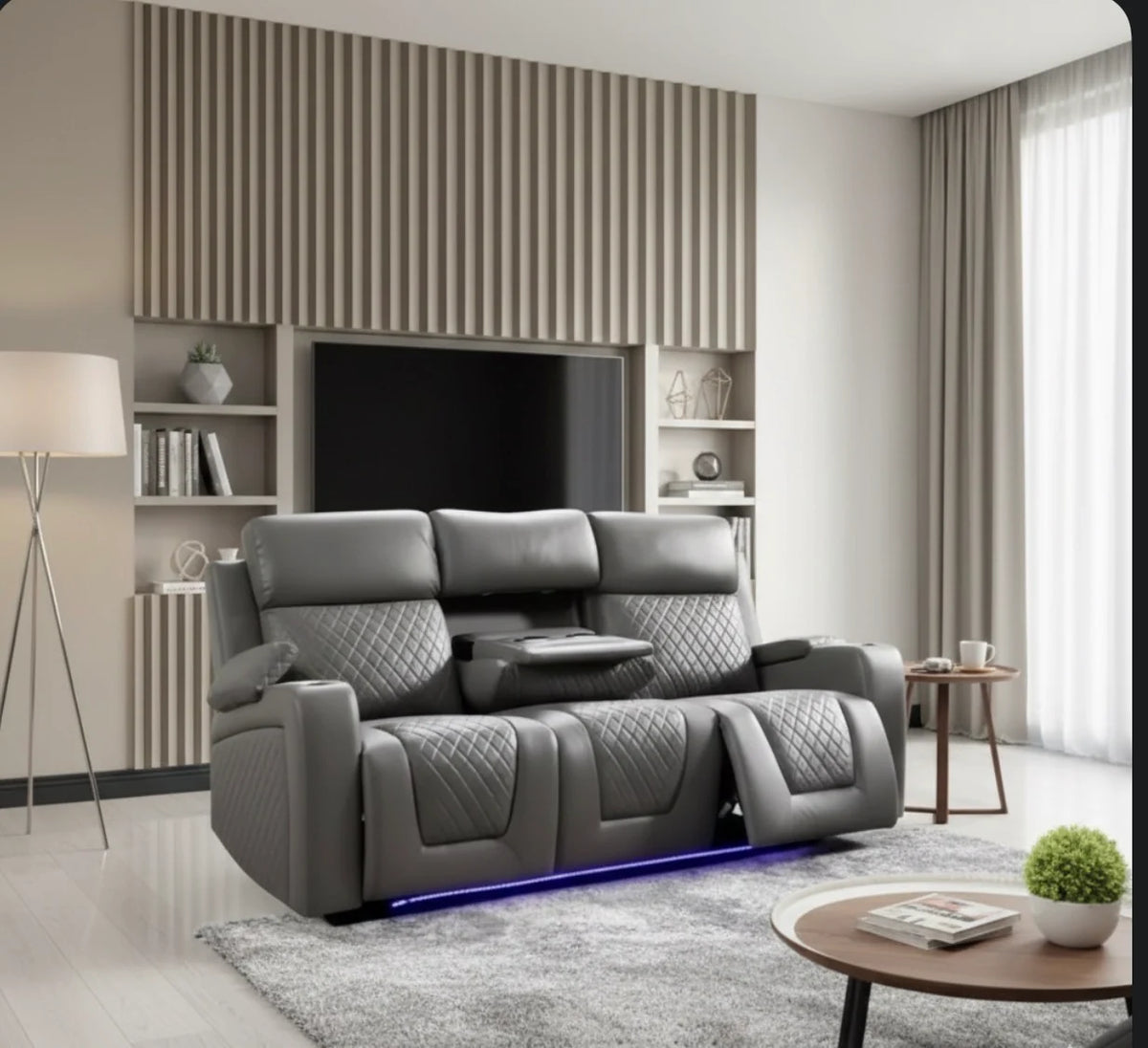 Florida 3 Seater Grey Leather Electric Recliner Sofa with Cup Holders, LED Lights & Wireless Charger, USB Port
