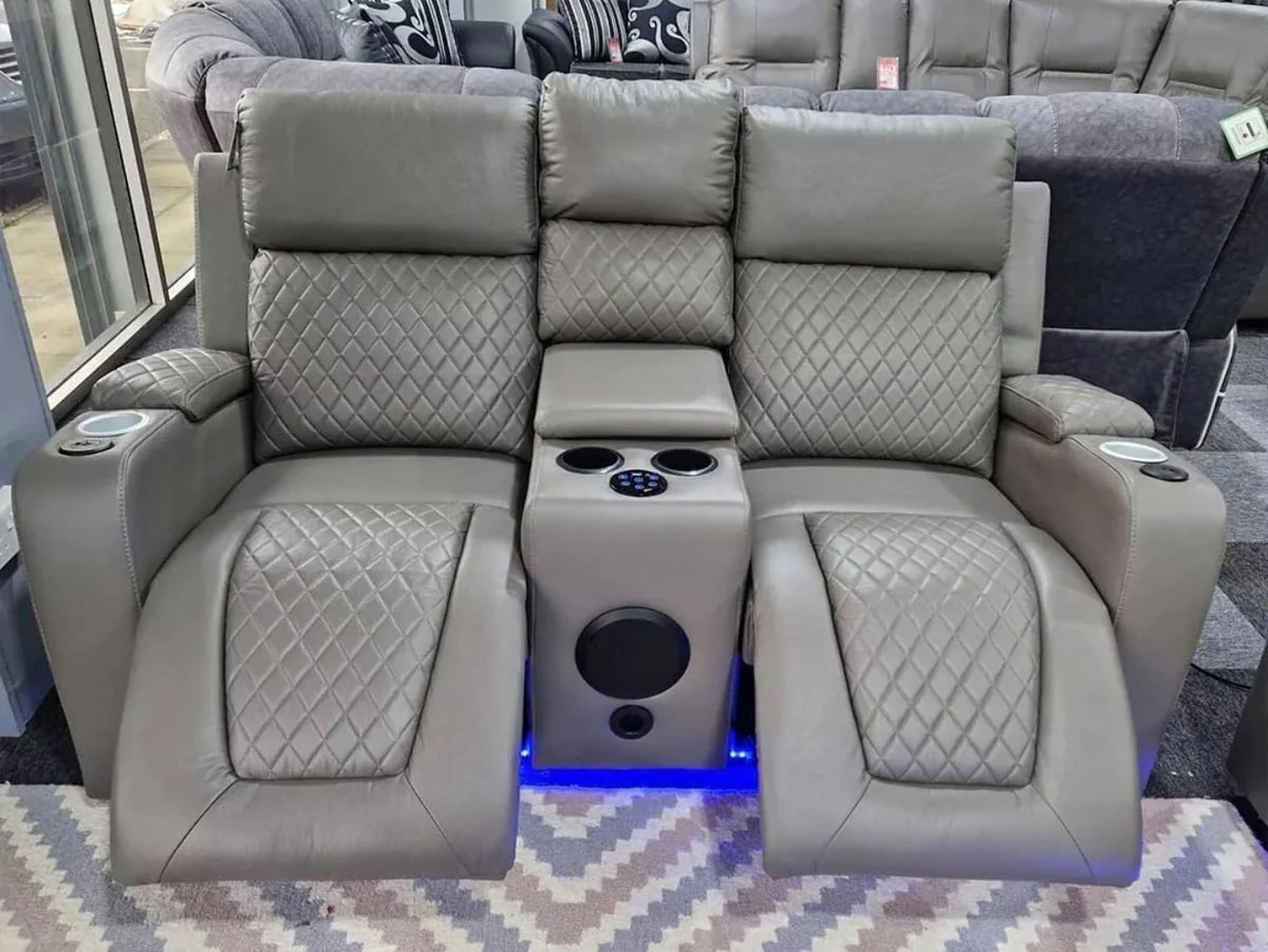 Florida 2 Seater Grey Leather Electric Recliner Sofa with Cup Holders, LED Lights & Wireless Charger, Speaker , USB Port