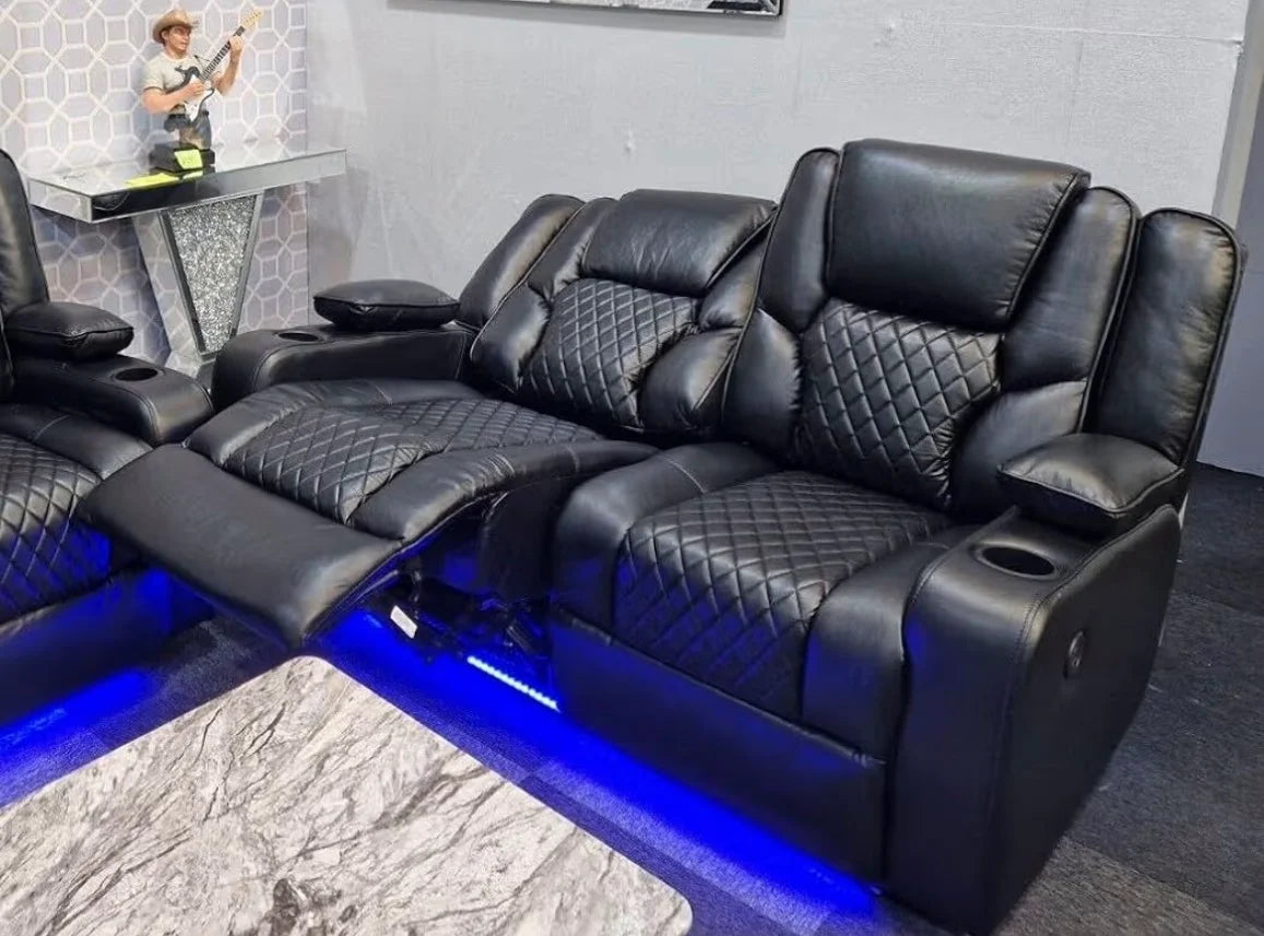 Roma 2 Seater Black Leather Electric Recliner Sofa with Cup Holders, LED Lights & Wireless Charger, USB Port
