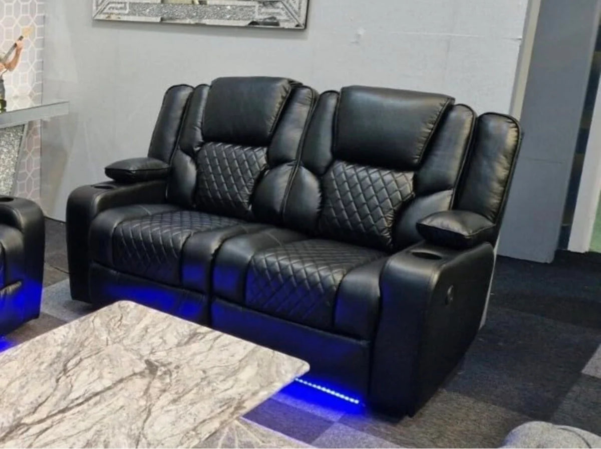 Roma 2 Seater Black Leather Electric Recliner Sofa with Cup Holders, LED Lights & Wireless Charger, USB Port