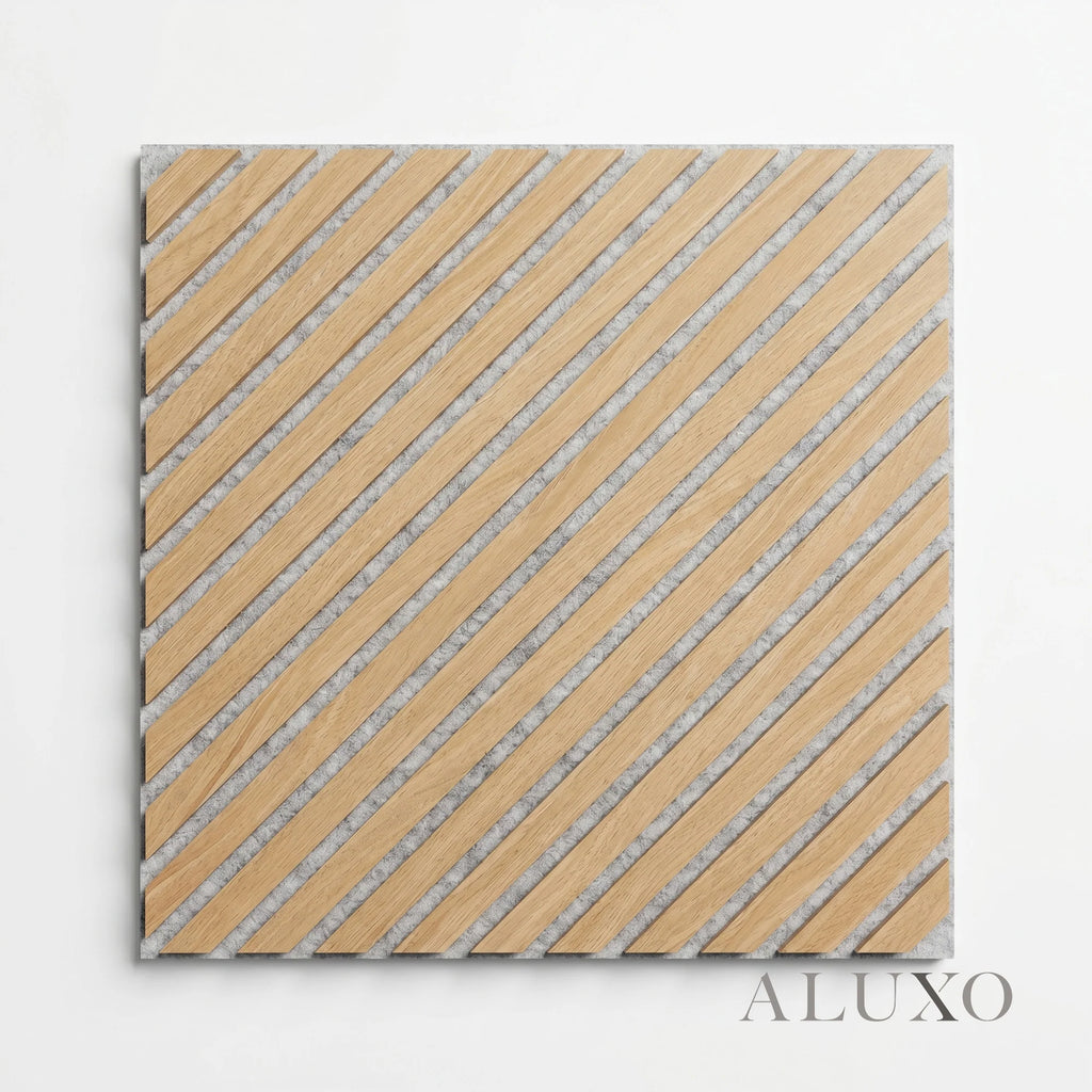 Oak Acoustic Square Diagonal Slat Wall Panels 60x60cm (Set of 6) | Grey Felt Backing