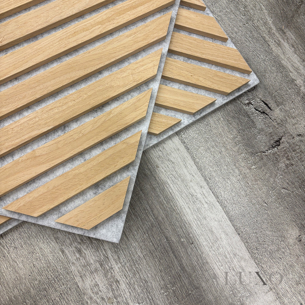 Oak Acoustic Square Diagonal Slat Wall Panels 60x60cm (Set of 6) | Grey Felt Backing