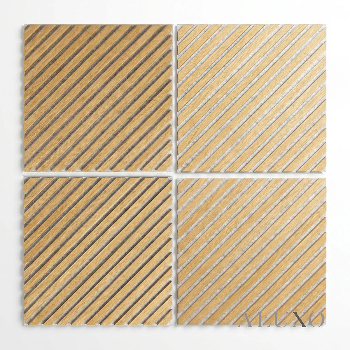 Oak Acoustic Square Diagonal Slat Wall Panels 60x60cm (Set of 6) | Grey Felt Backing