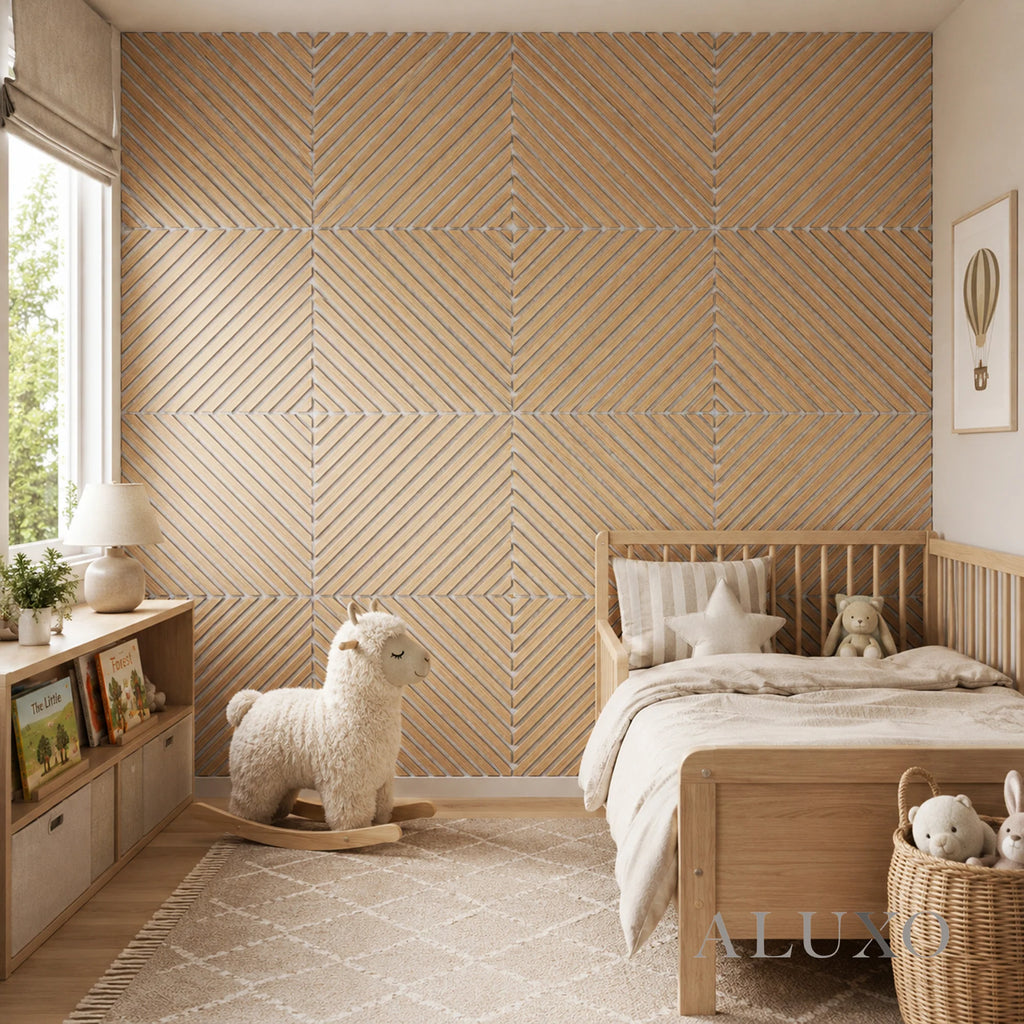 Oak Acoustic Square Diagonal Slat Wall Panels 60x60cm (Set of 6) | Grey Felt Backing