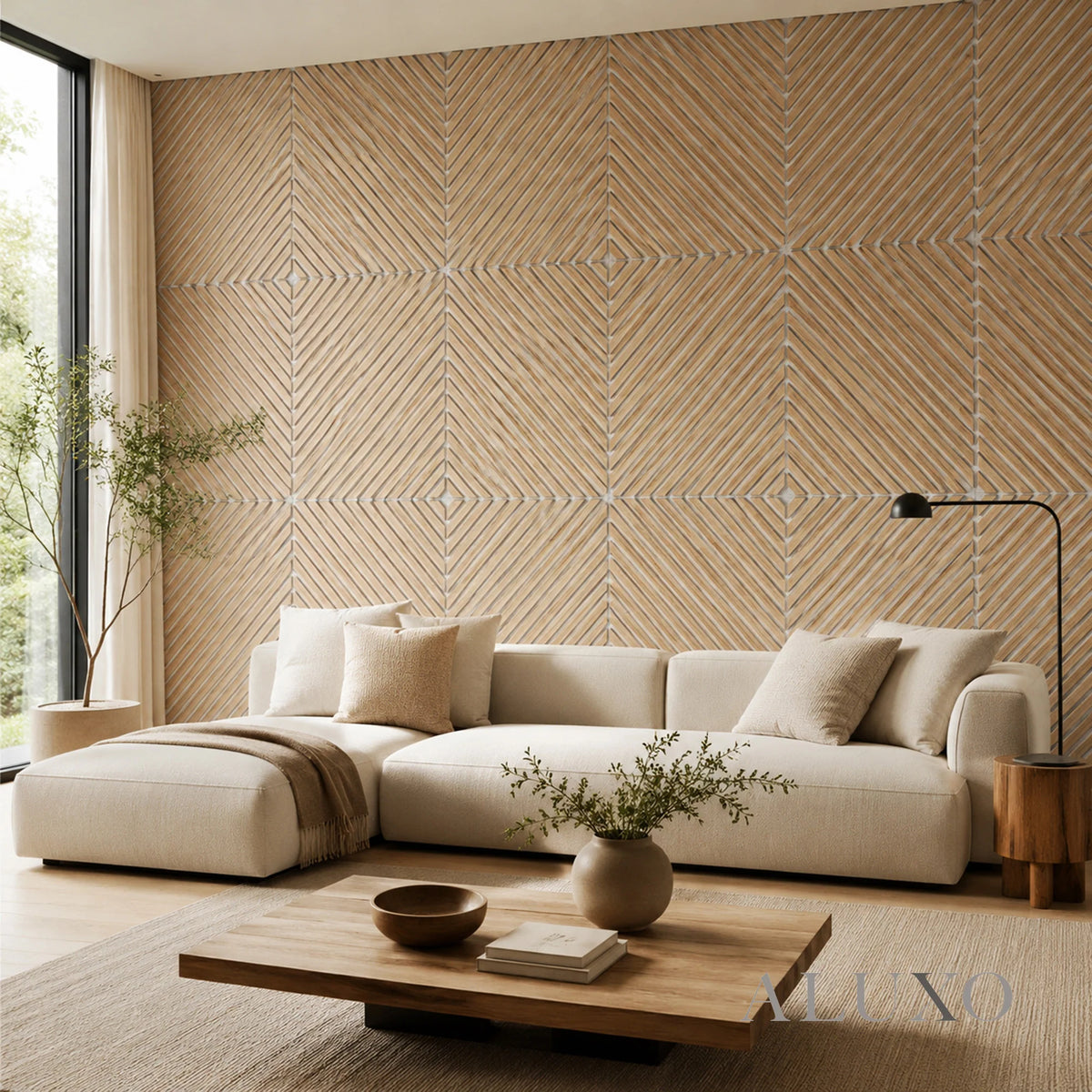 Oak Acoustic Square Diagonal Slat Wall Panels 60x60cm (Set of 6) | Grey Felt Backing
