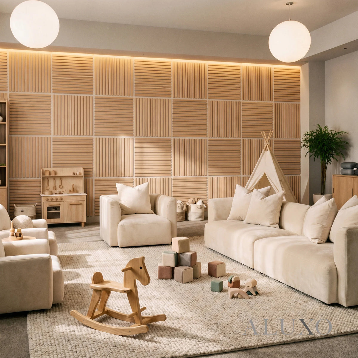 Oak Acoustic Square Straight Slat Wall Panels 60x60cm (Set of 6) | Grey Felt Backing