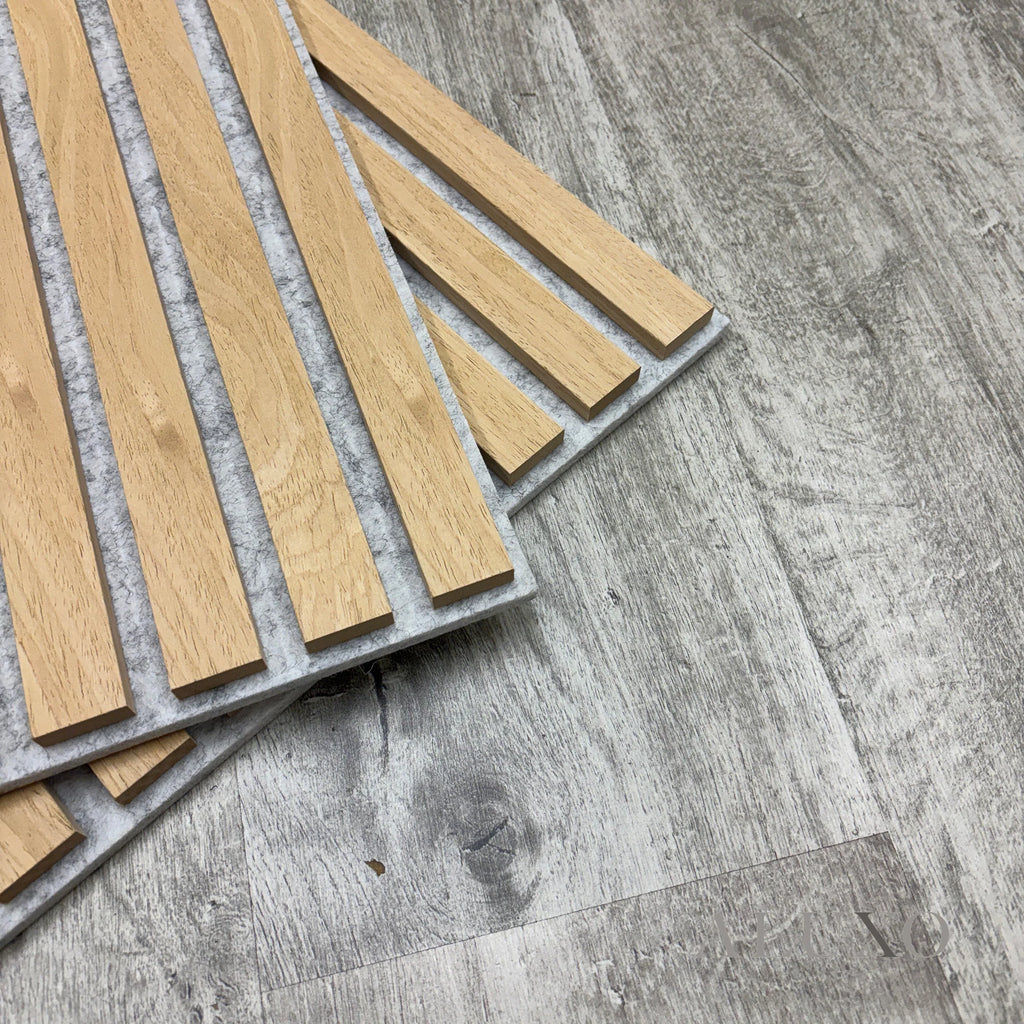 Oak Acoustic Square Straight Slat Wall Panels 60x60cm (Set of 6) | Grey Felt Backing