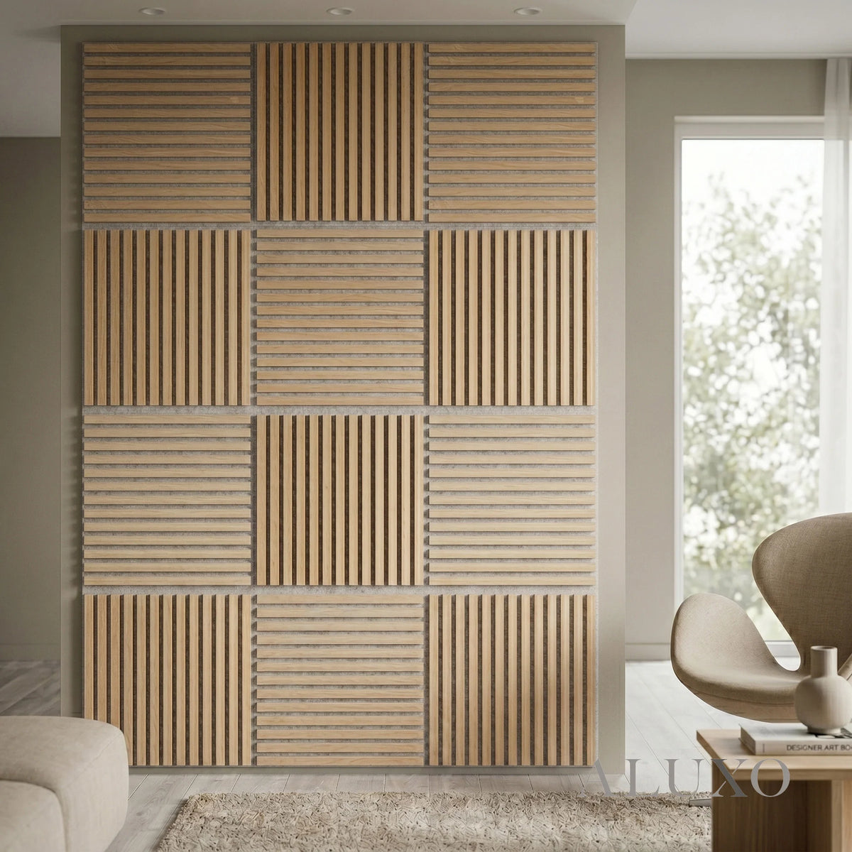 Oak Acoustic Square Straight Slat Wall Panels 60x60cm (Set of 6) | Grey Felt Backing