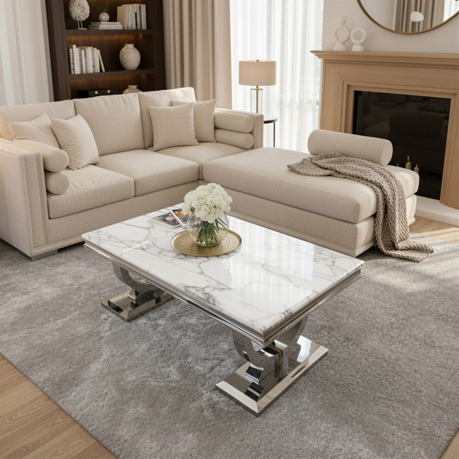 Orvar 130cm Chrome Coffee Table with White Marble Top
