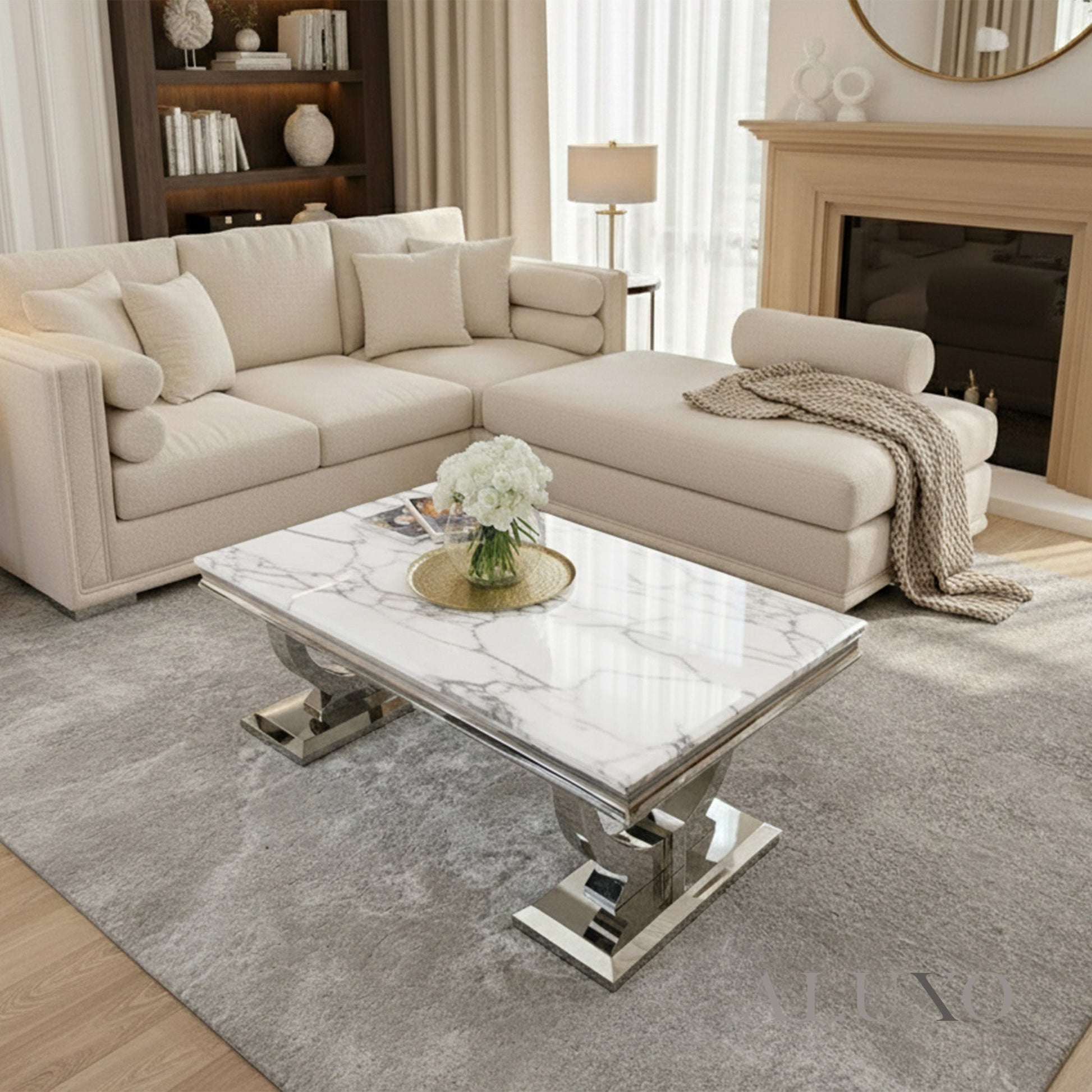 Orvar 130cm Chrome Coffee Table with White Marble Top – Double Half Ring Stand Design