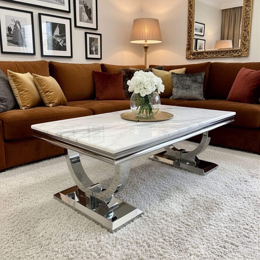 Orvar 130cm Chrome Coffee Table with White Marble Top