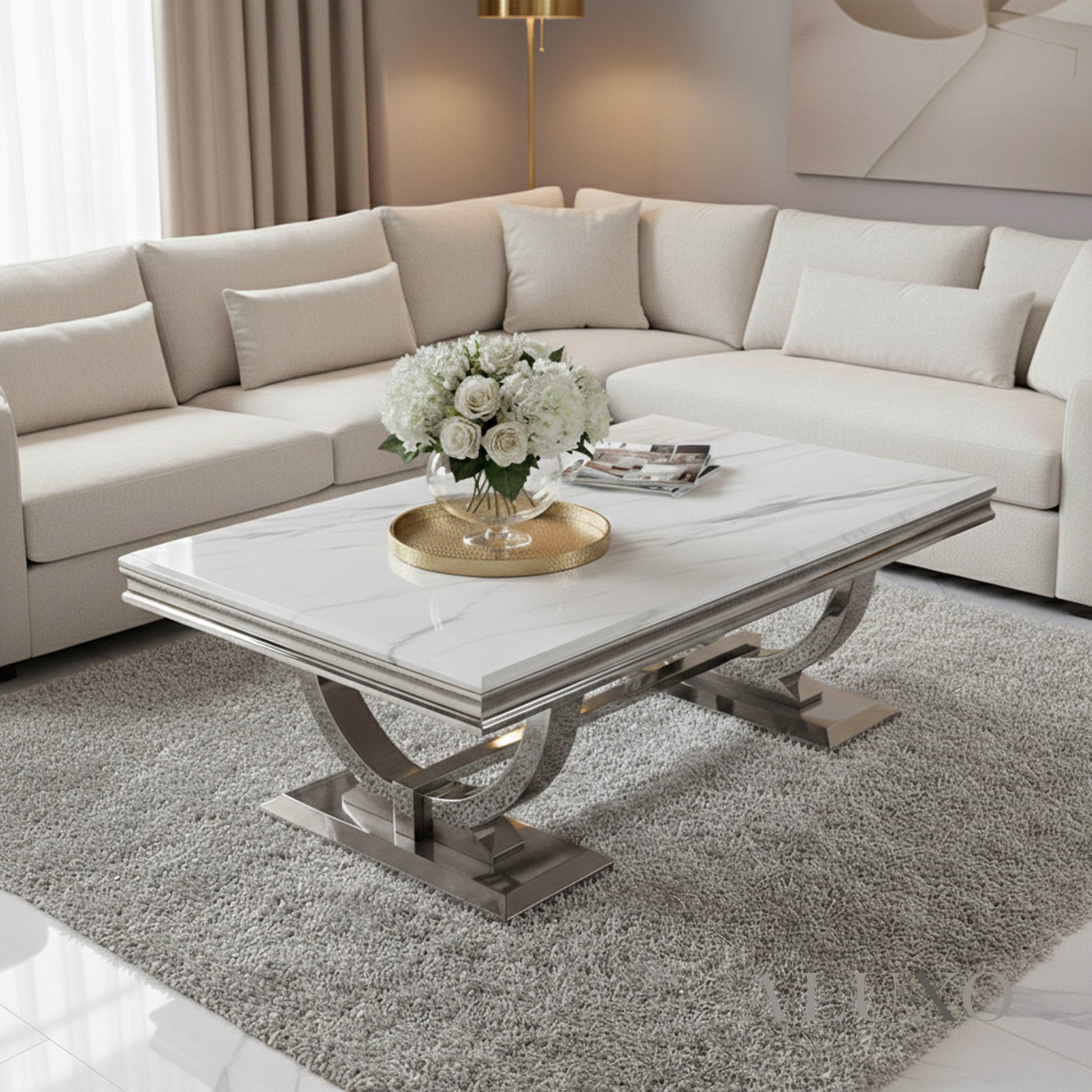 Orvar 130cm Chrome Coffee Table with White Marble Top – Double Half Ring Stand Design