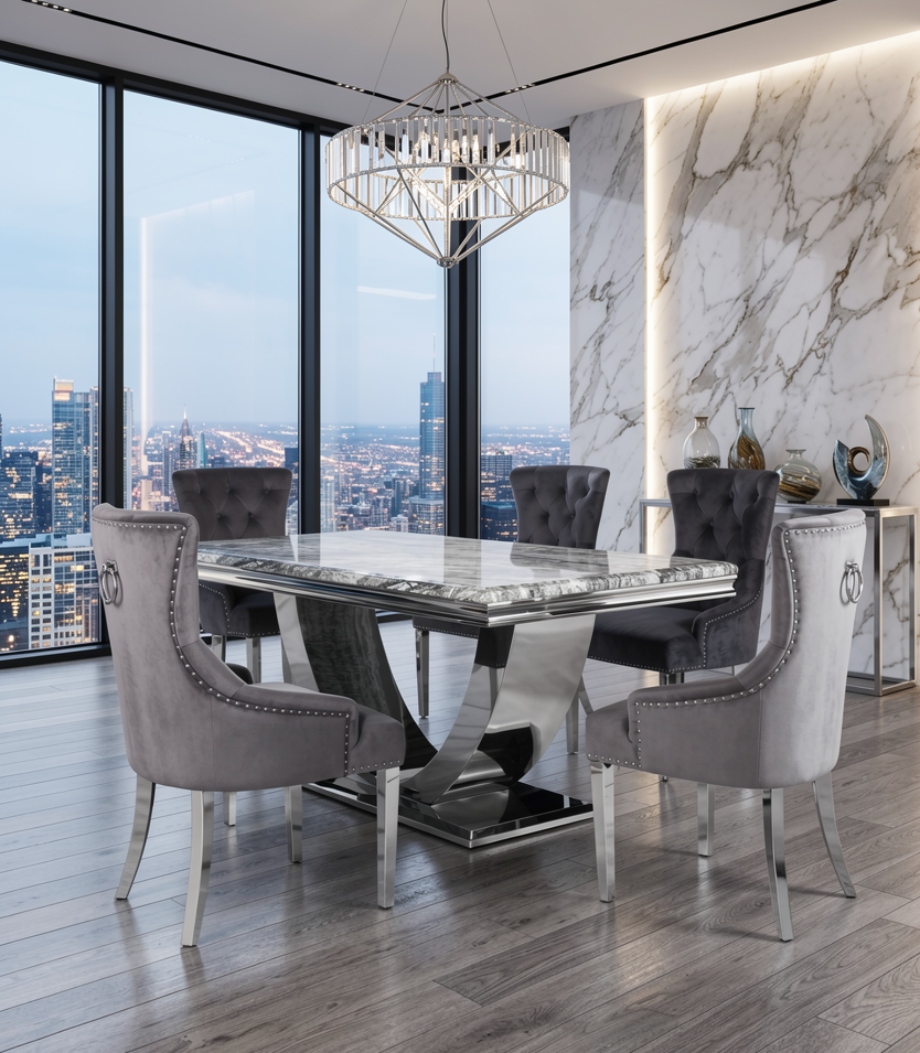 Arial Marble Top Dining Set With Chelsea Chairs