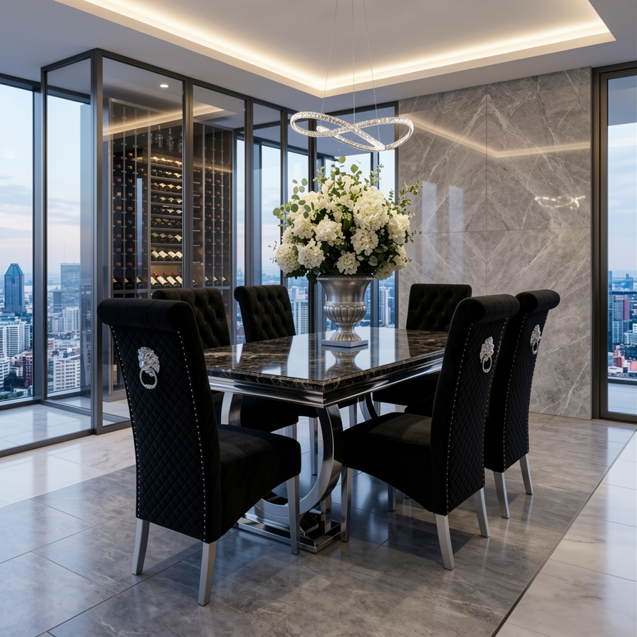 Arianna White Marble Black Emma Dining Set