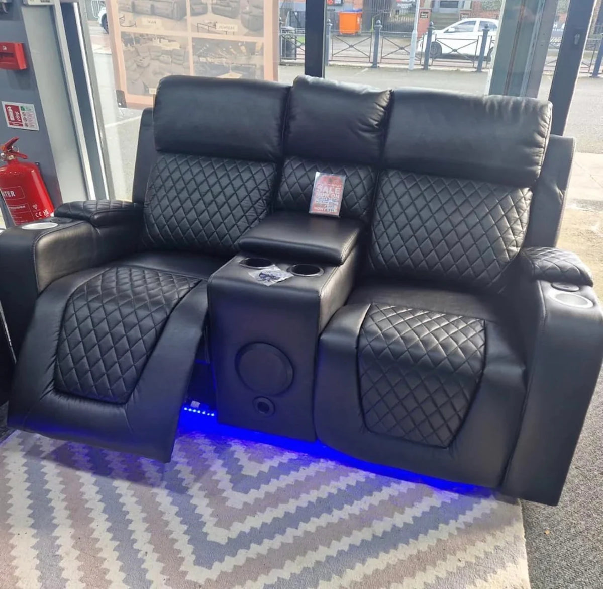 Florida 2 Seater Black Leather Electric Recliner Sofa with Cup Holders, Bluetooth music LED Lights & Wireless Charger, USB Port