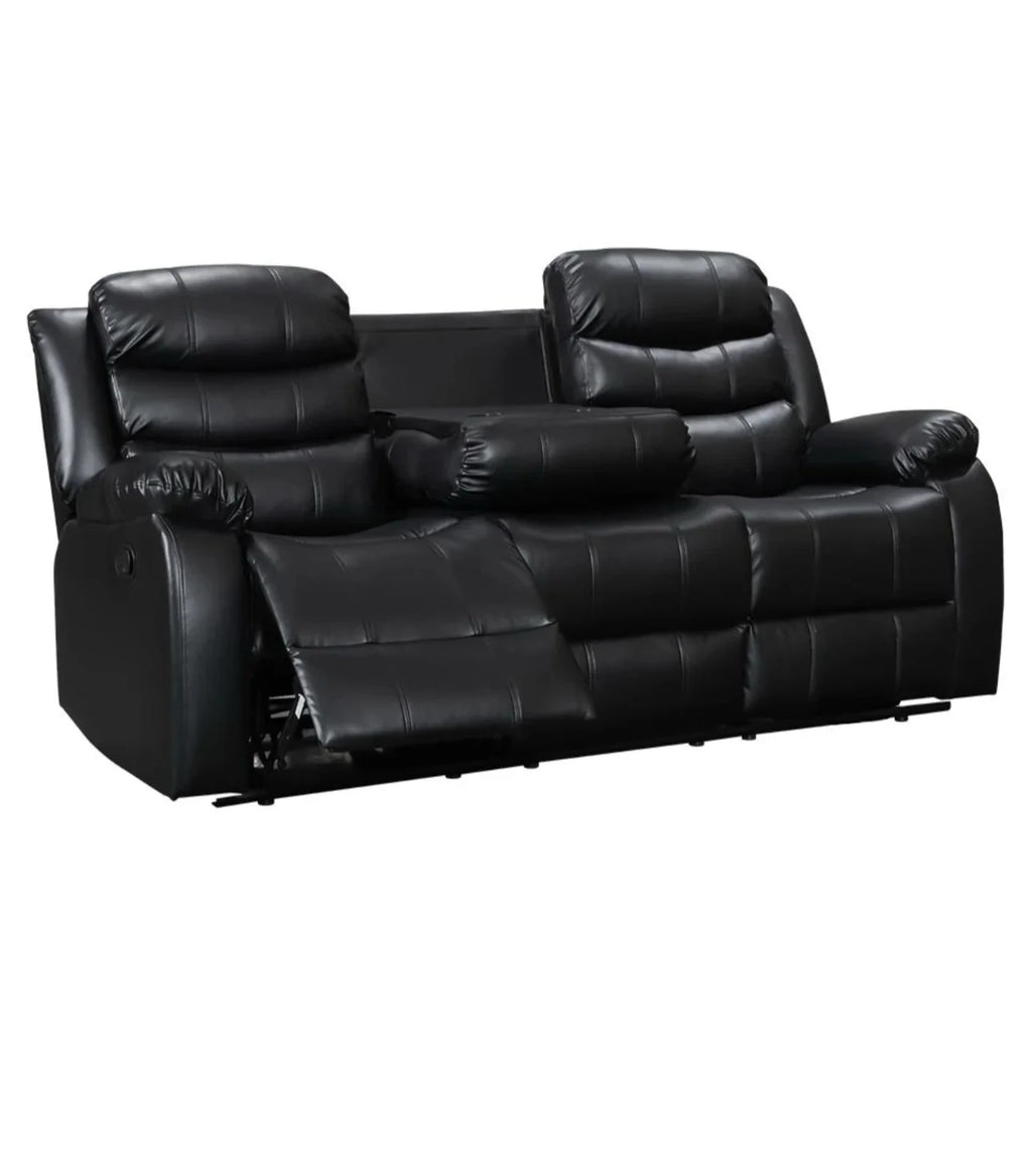 Recliner Sofa Set 3 And 2 Seater Black Aire Leather with Drink Holder
