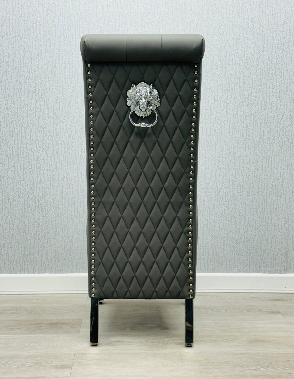 Pair Of 2 Sofia Dark Grey Pu Leather Chair Lion Knocker