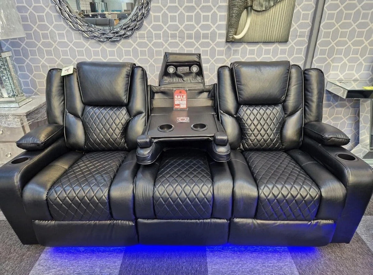 Roma 3 Seater Black Leather Electric Recliner Sofa with Cup Holders, LED Lights & Wireless Charger, USB Port