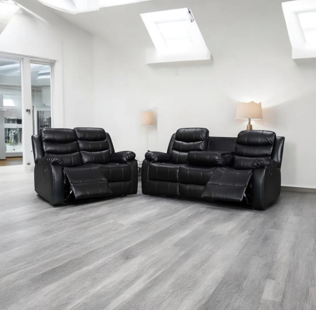 Recliner Sofa Set 3 And 2 Seater Black Aire Leather with Drink Holder