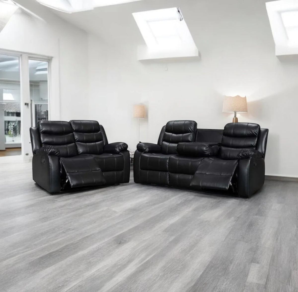 Recliner Sofa Set 3 And 2 Seater Black Aire Leather with Drink Holder