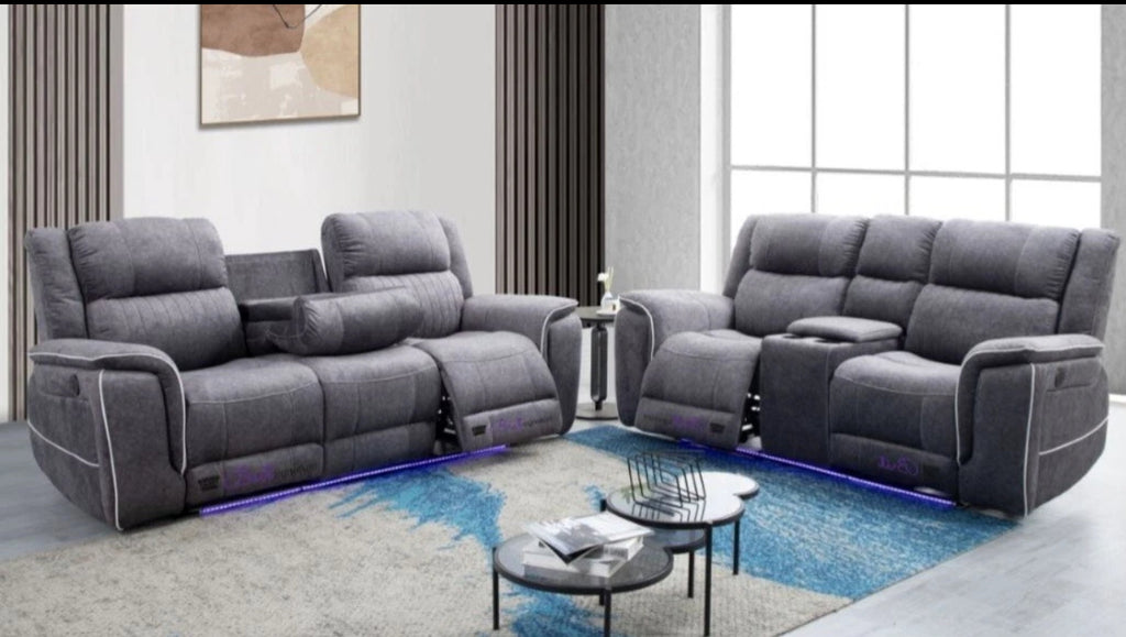 Hannah 3 Seater Recliner Sofa + 2 Seater Recliner Sofa Grey Micro Fibre Fabric USB Port -LED Lights - Electric Recliner
