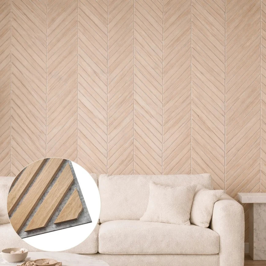Chevron Natural Wood on Grey felt Acoustic Premier 3 Sided wooden wall Panel 2400mm x 600