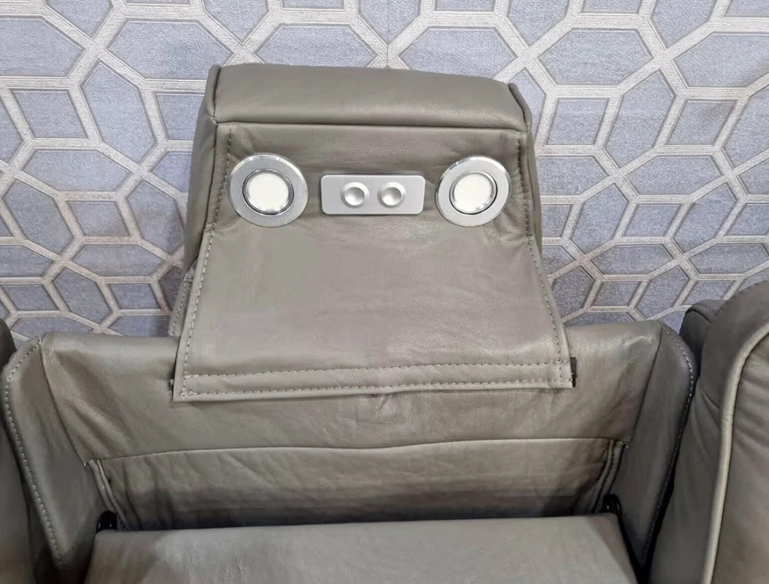 Roma 3 Seater Grey Leather Electric Recliner Sofa with Cup Holders, LED Lights & Wireless Charger, USB Port