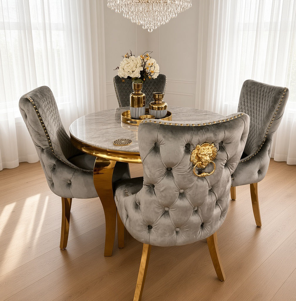 Louis Marble Table With 4 lewis Lion Knocker Chairs