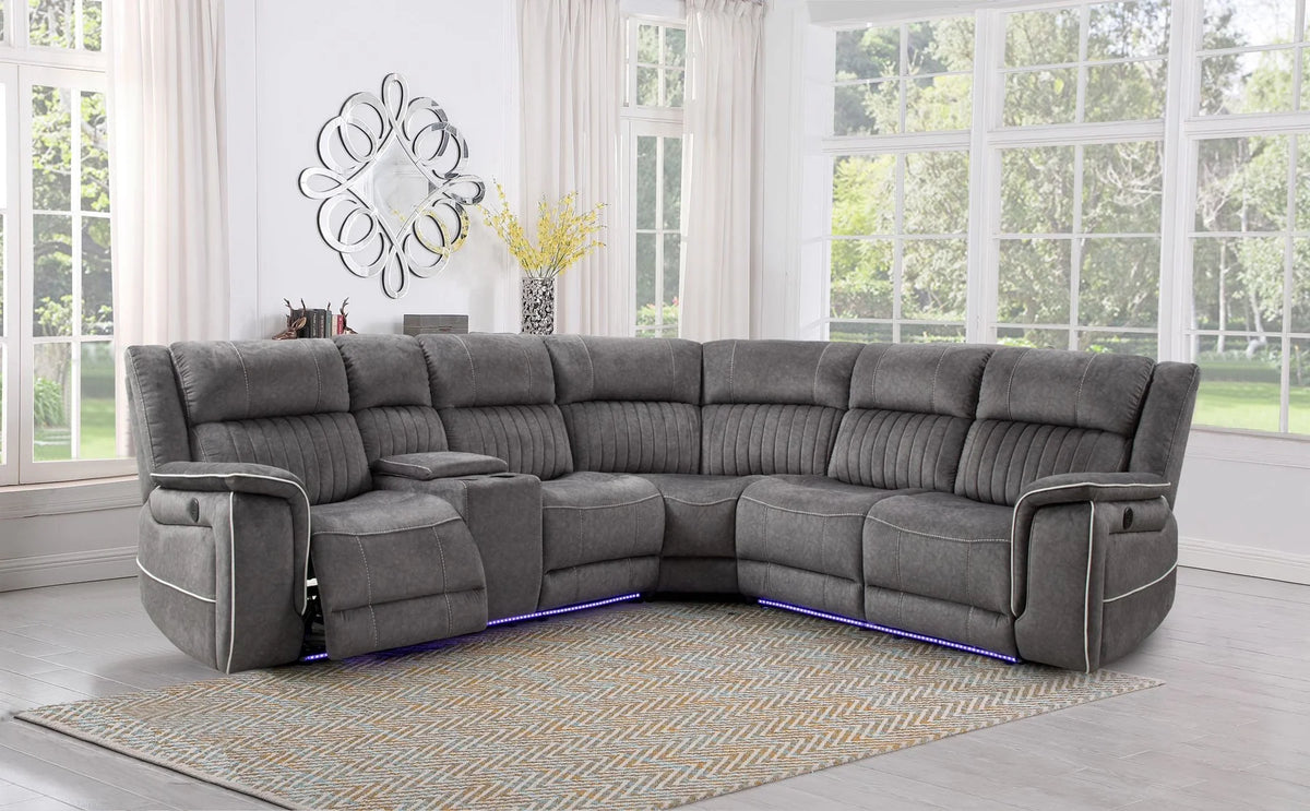Hannah Electric Recliner Corner Sofa Grey Microfibre Fabric with USB Port, LED Lights & Cup Holders