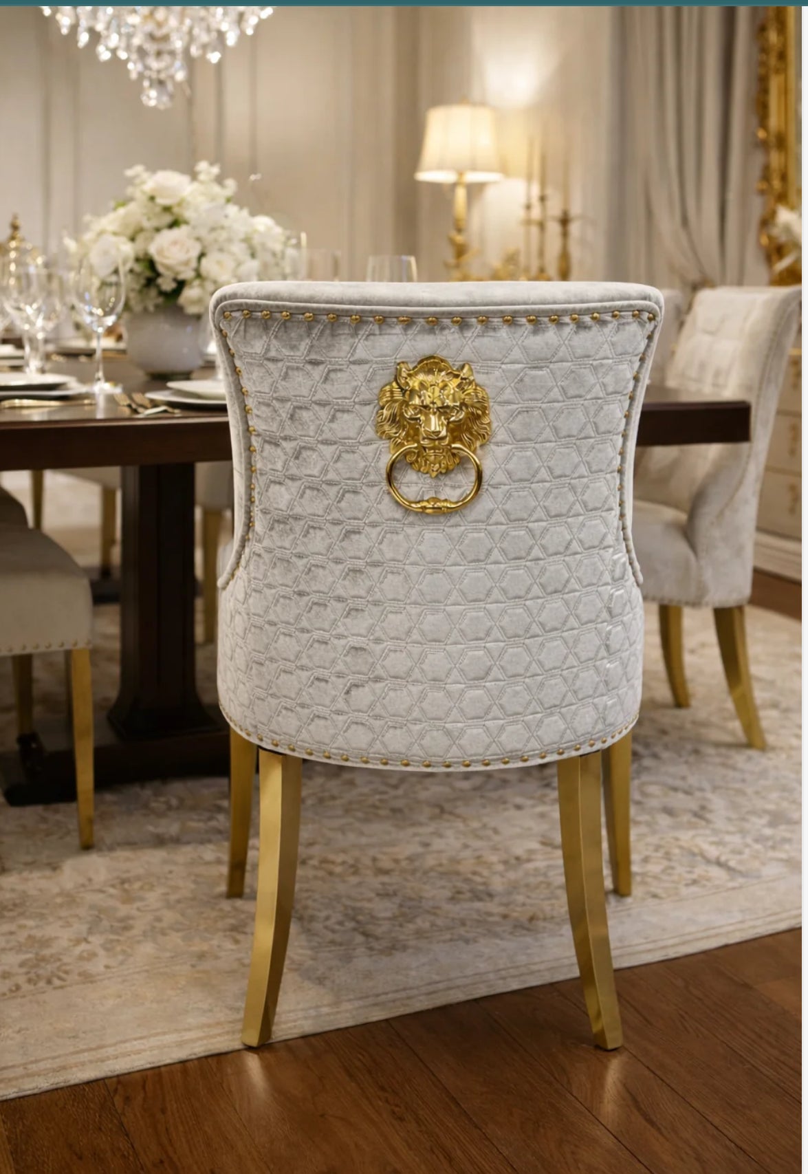 Chelsea Gold 1.3m Round Marble Dining Table and Roma Gold Lion Knocker Dining Chairs Set