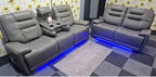 Halifax 3+2  Seater Grey Leather Electric Recliner Sofa with Cup Holders, LED Lights & Wireless Charger, USB Port