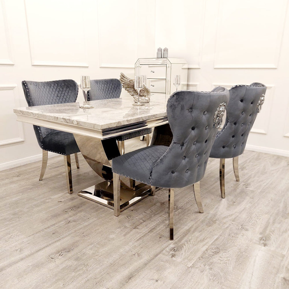 1.8m DENVER MARBLE DINING SET WITH LEWIS LION BUTTON BACK DINING CHAIRS
