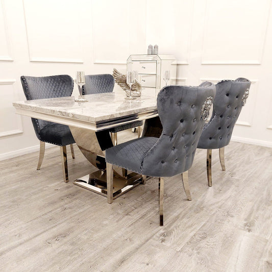 1.8m DENVER MARBLE DINING SET WITH LEWIS LION BUTTON BACK DINING CHAIRS